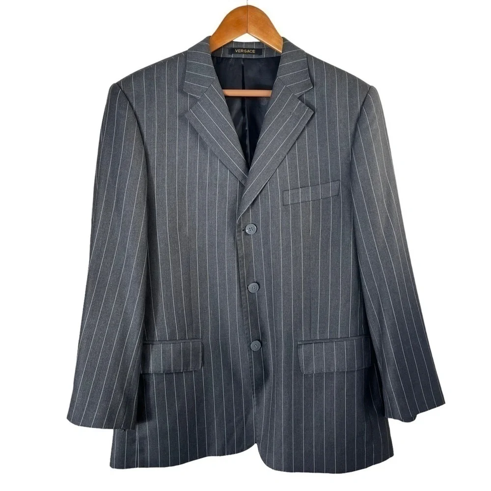 GIANNI VERSACE Vintage 90s Charcoal‎ Pinstripe Spot Coat Blazer